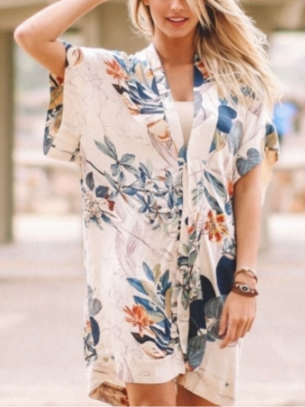 Dress Forum Rayon Botanical Tropical Print Kimono Style Mini Dress Swim Cover Up